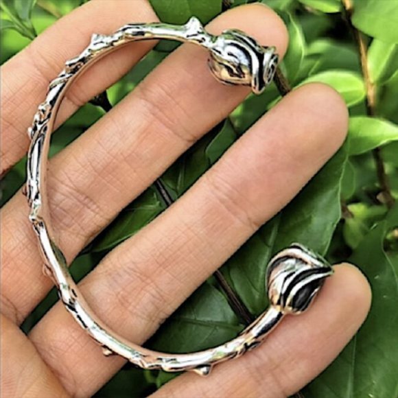 STERLING SILVER ROSE FLOWER BANGLE BRACELET - Picture 5 of 7